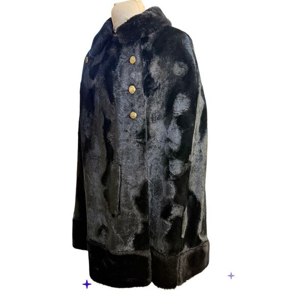 Faux Fur Vintage Cape Black Double Breasted Gold Buttons Union Label - Picture 2 of 7